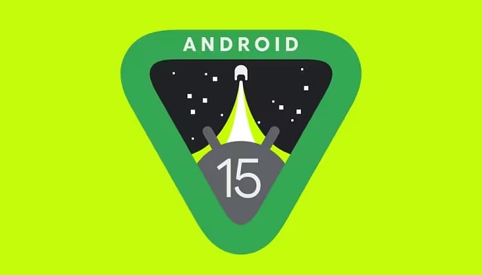 The image is an illustration showing Android 15 on a lime green background. — Google