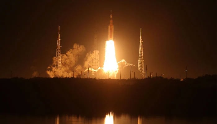 An undated image of the Artemis I Space Launch System (SLS) rocket. — NASA