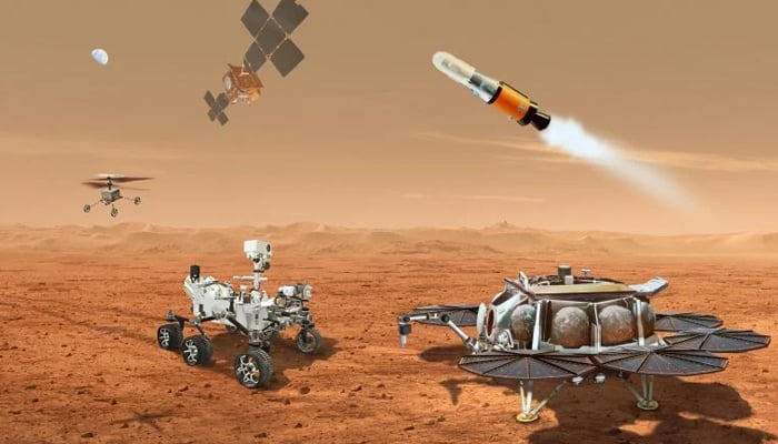 An representational image showing a concept for multiple robots that would team up to ferry to Earth samples. — NASA