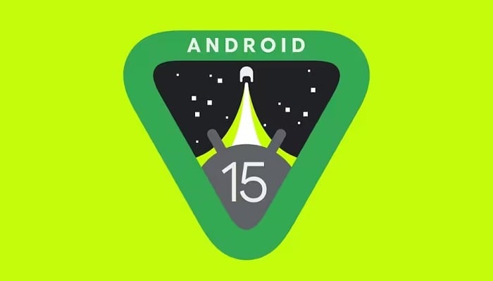 The image is an illustration showing Android 15 on a lime green background. — Google