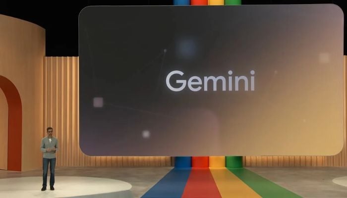 An undated image shows Sundar Pichai introducing Gemini AI. — Google
