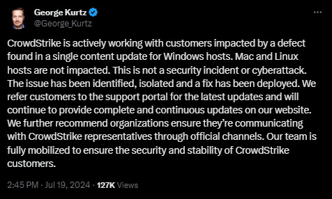 CrowdStrike CEO breaks silence after global outage