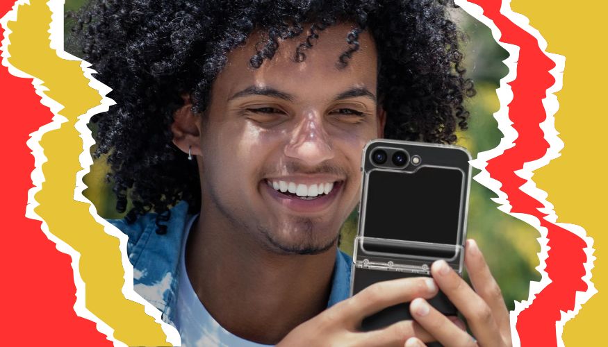 An undated image of a person using Spigen Ultra Hybrid Pro case for Galaxy Z Flip 6. — Spigen/Canva
