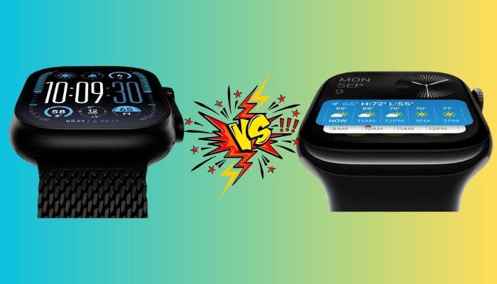 An undated image of Apple Watch Ultra 2 (left) and Apple Watch Series 10 (right). — Apple/ Canva