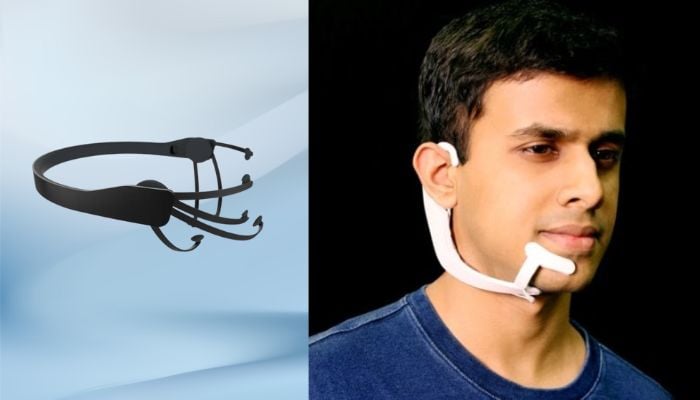 An undated image of person wearing AlterEgo device. — MIT Media Lab