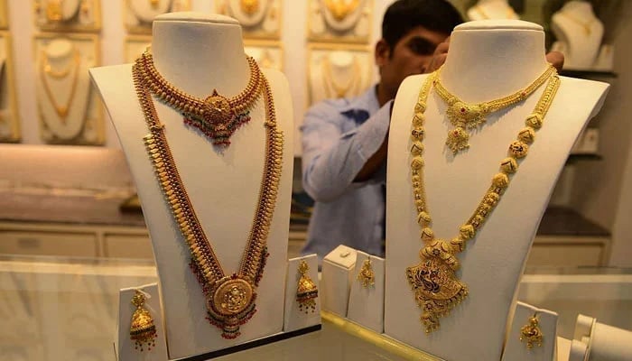 An undated image of gold jewellery showcased at a jewellery store. — AFP