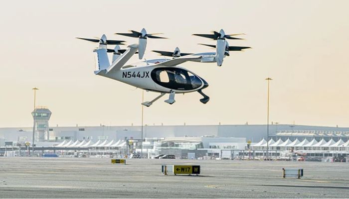 An image of an electric air taxi completing a successful test flight from Margham to Dubai World Central. — Dubai government
