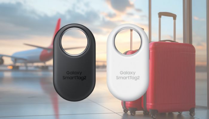 An undated image of the Samsung Galaxy SmartTag, along with an airport background. — Samsung/Canva