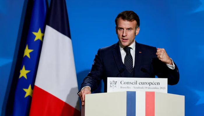 An image of French President Emmanuel Macron holding a press conference during a European Union leaders summit in Brussels, Belgium, on December 19, 2025. — Reuters