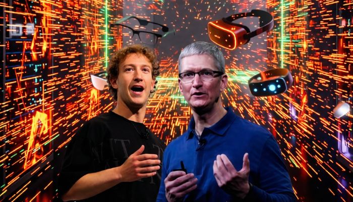 An image of Meta CEO Mark Zuckerberg at Meta Connect on September 25, 2024, and Apple CEO Tim Cook at the Apple Developer Conference on Jun 10, 2024. — Reuters/Google Gemini