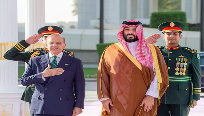 Saudi Crown Prince Mohammed bin Salman and Pakistan Prime Minister Shehbaz Sharif meet in Riyadh, Saudi Arabia, September 17, 2025. — Saudi Press Agency/Handout via Reuters