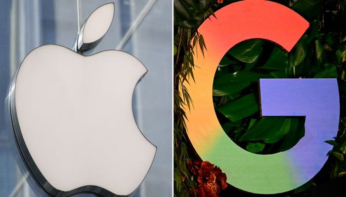 An undated combination of pictures created shows Apple and Google logos. — Getty Images