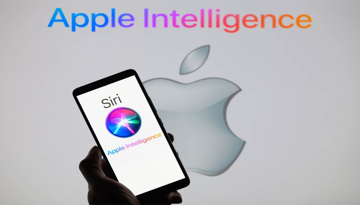 An undated image shows Siri on mobile phone, along with Apple logo on background. — Getty Images