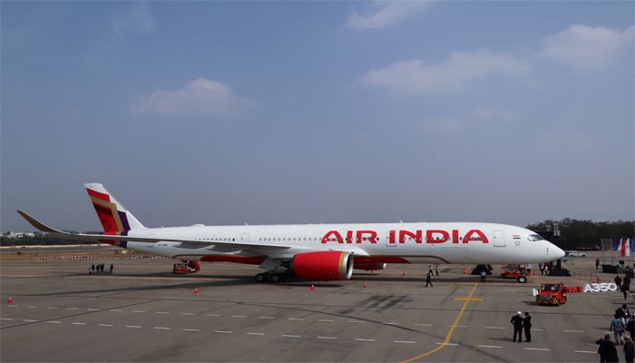 An Air India Airbus A350 aeroplane is displayed at Wings India 2024 aviation at Begumpet airport, Hyderabad, India, January 18, 2024. — Reuters