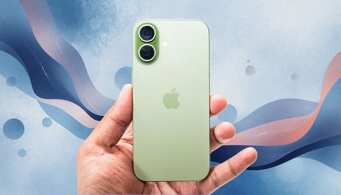 An undated image of iPhone 16, with a AI-generated background. — Apple/Canva